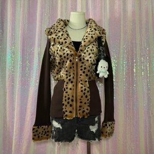 y2k cheetah print ribbed zip-up jacket